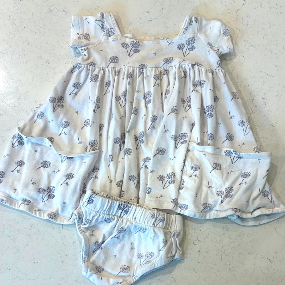 Vignette Short Sleeve Dress in White w Purple Dandelions.  Size 0-3M